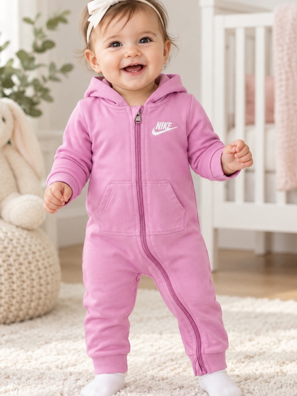 Nike Baby Girls Pink Hooded Zip Romper 9M Logo One Piece Jumpsuit